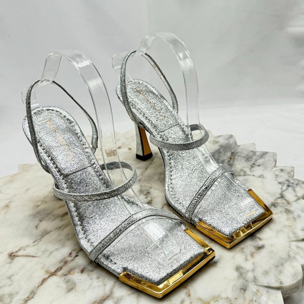Good American Women Heels Sz 8 Square Toe Sandal Silver Metallic Slingback Shoes